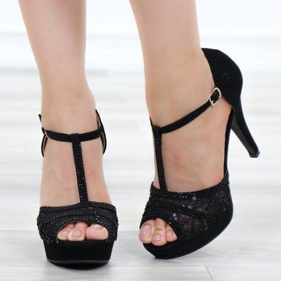 Velvet Platform T Strap Heeled Sandals Transparent Lace - Picture 8 of 9